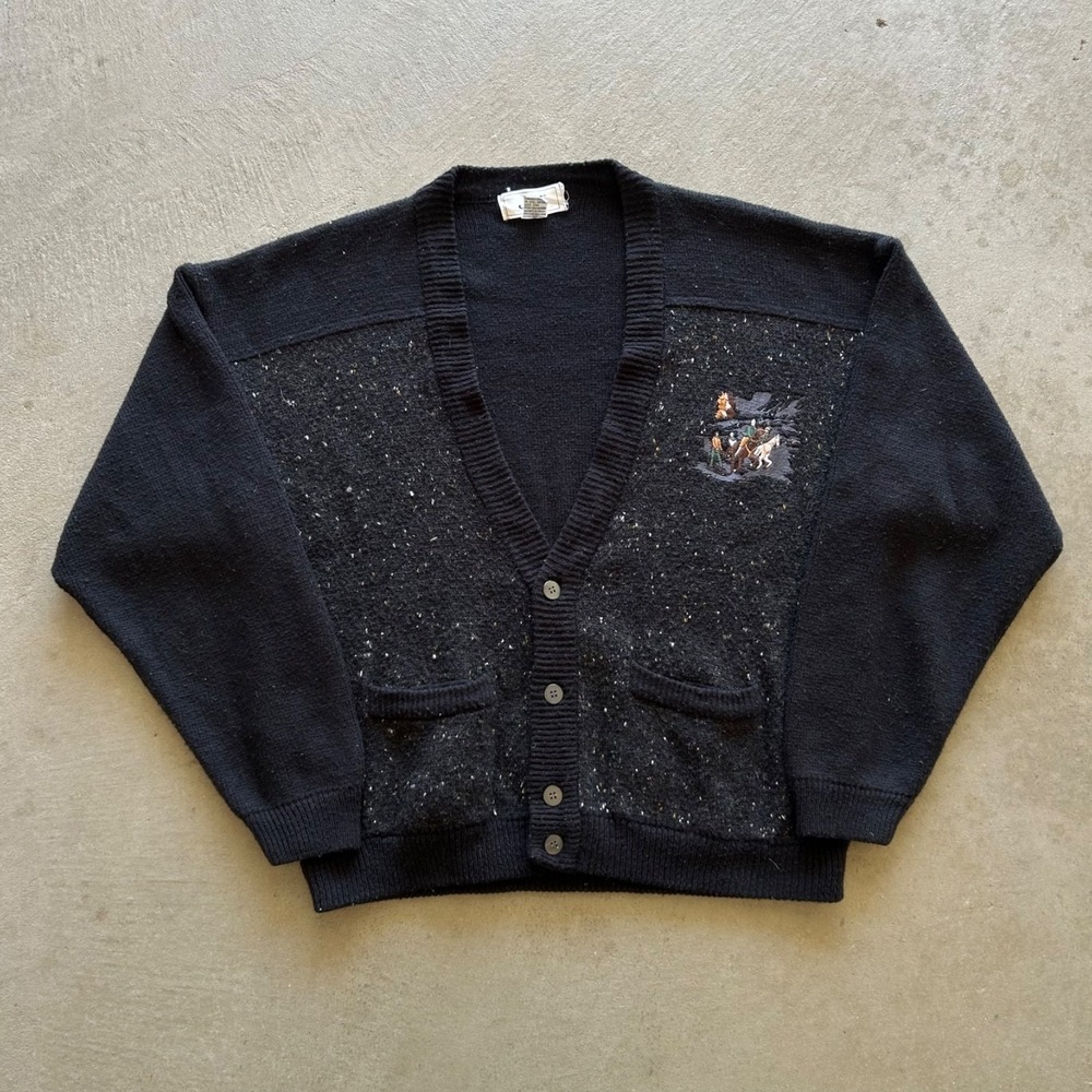 Vintage 90s jed Cardigan Sweater Size Large Black Knit Button Horse Jockey Polo